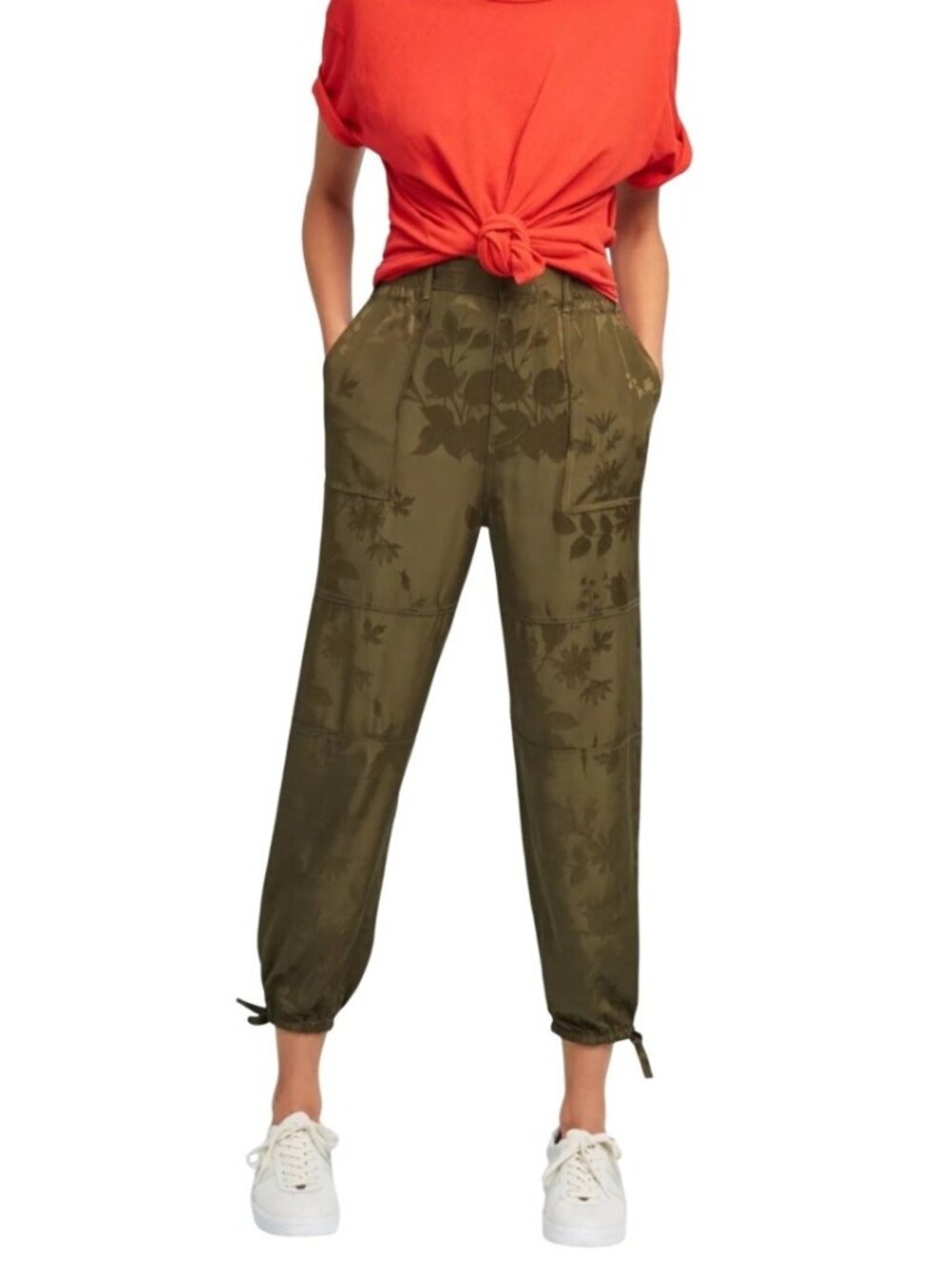 Anthropologie Floral Embossed Olive Green Drawstring Pants Women’s Size S